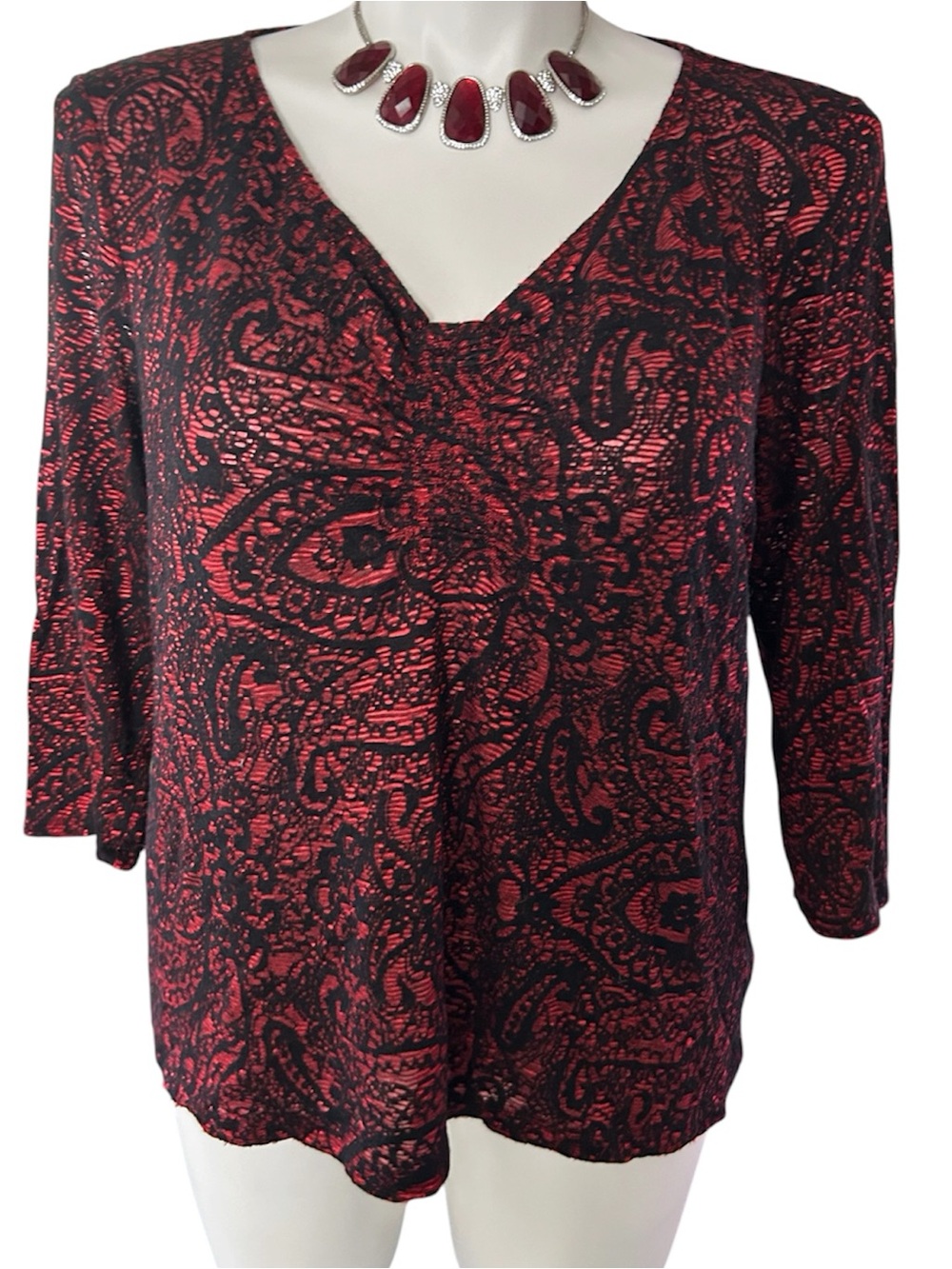 Laura Ashley V-Neck Red & Black Paisley Print Goth Vampire Inspired Top EUC sz2X